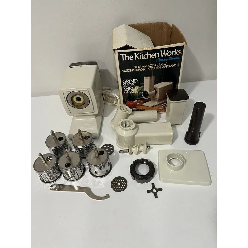 Vintage VTG Moulinex The Kitchen Works Deluxe Model 244 Tested Works Accessories